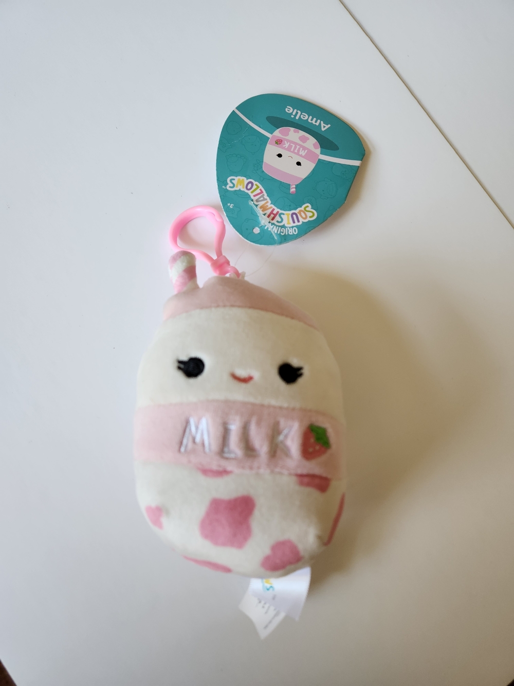 Pink Strawberry Milk Amelie Squishmallow Keychain Plush